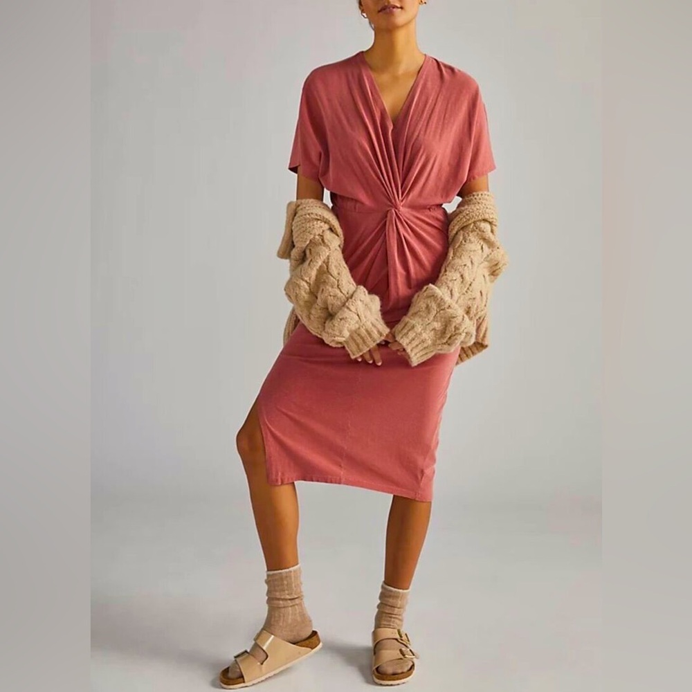 Sundry Dusty Rose Twist-Front Midi Dress - Picture 1 of 10